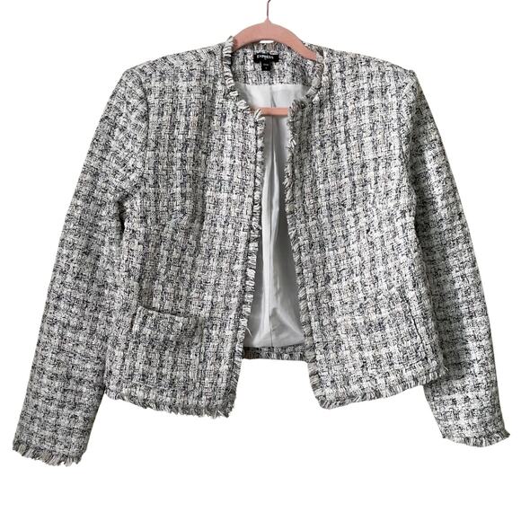 Express Blazer Jacket Womens Small White Black Tweed Plaid Open Front Fringe - Picture 1 of 11